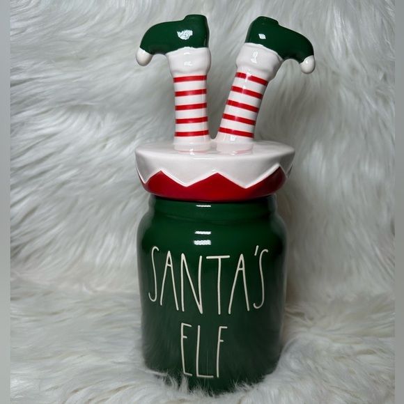 Rae Dunn Other - Rae Dunn Santa's Elf Canister with Elf Legs Topper Green and Red